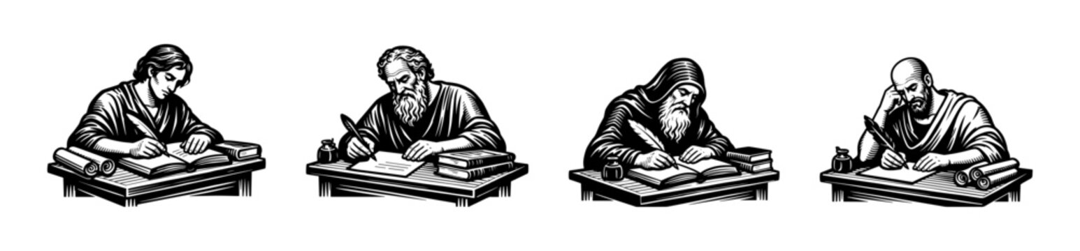 Illustration of medieval scholars writing at desks, historical vector art, black and white silhouette