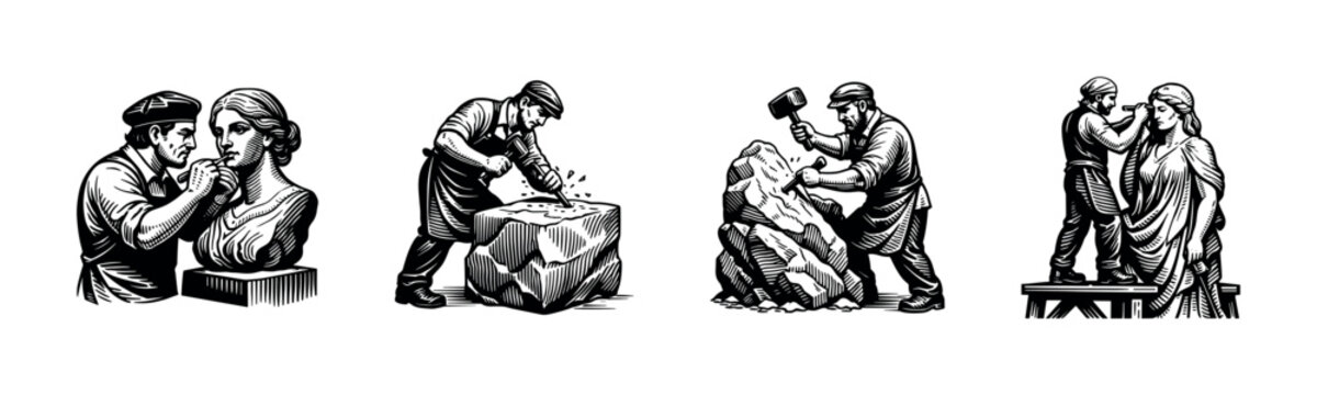 Vintage black and white vector illustrations of sculptors carving marble statues