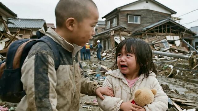 地震で崩壊した街並みを泣きながら歩く幼い兄妹とクマのぬいぐるみ