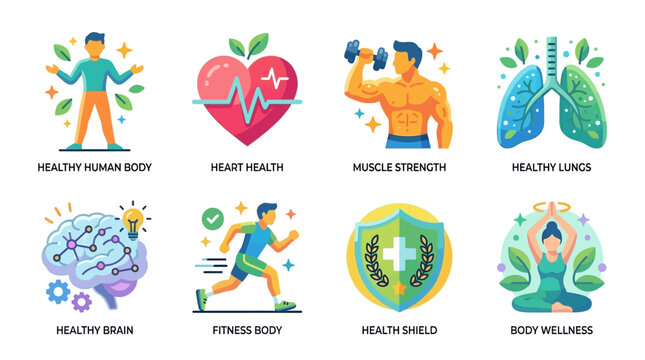 Vector illustrations of people engaging in fitness activities for overall body wellness and health with strong muscle strength and healthy lungs and brain.