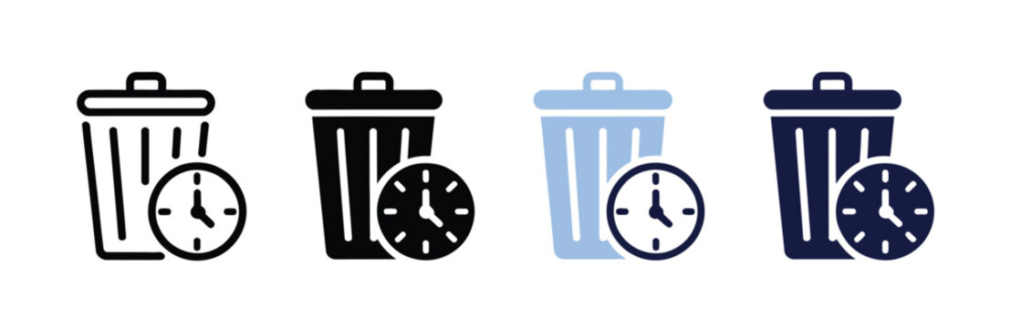 Waste of time icon collection, multiple style set with clock, delay, inefficiency, lost time, and time management symbols, simple modern vector graphics for apps and business design.