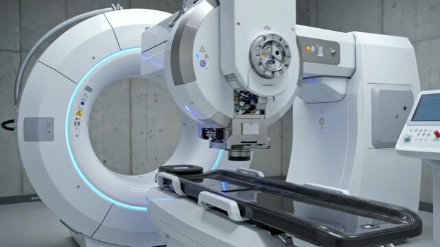 Modern medical linear accelerator rotating in clinical room. Cancer radiation therapy equipment for tumor treatment. Advanced oncology technology for medical care.
