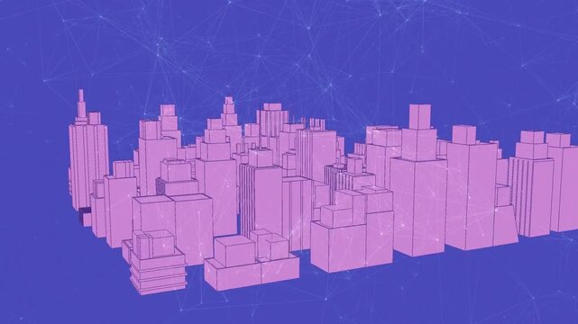 Animation of network of connections over 3d cityscape spinning on purple background