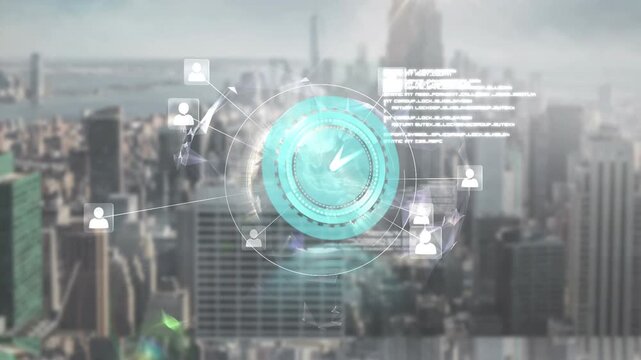 Animation of clock moving fast and data processing over cityscape