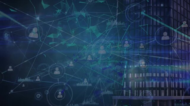 Animation of network of connections over cityscape