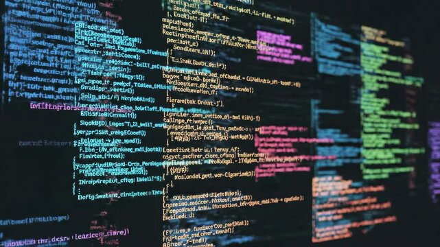 Computer screen displaying complex programming source code. Software developer coding interface with syntax highlighting. Cyber technology, data and hacking concept.
