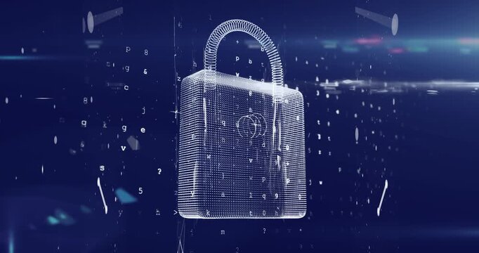 Data processing over security padlock icon against spot of light on blue background