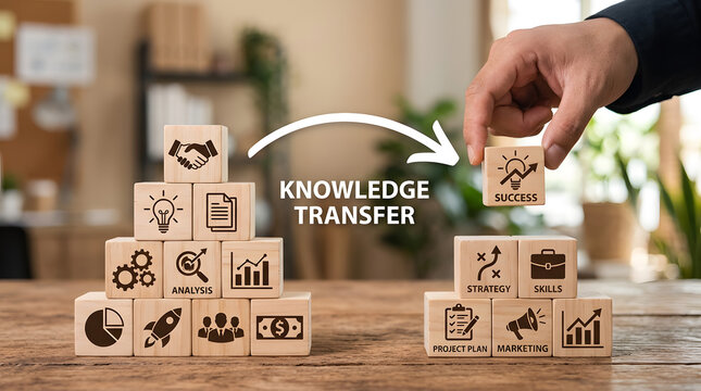Hand transferring wooden blocks with business icons, symbolizing knowledge transfer and strategy development.
