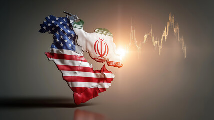 Middle East map textured with US and Iran flags, financial chart overlay, showing political and economic relations