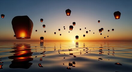 Naklejka premium Sky lanterns floating over calm ocean at sunset reflection