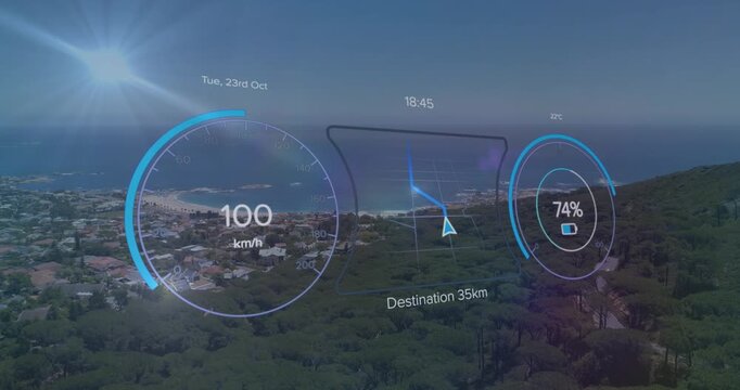 Animation of scope scanning and data processing over cityscape
