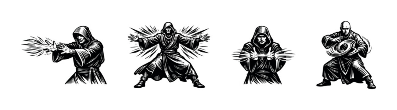 Black and white vector illustration of wizards performing magic spells silhouette clipart