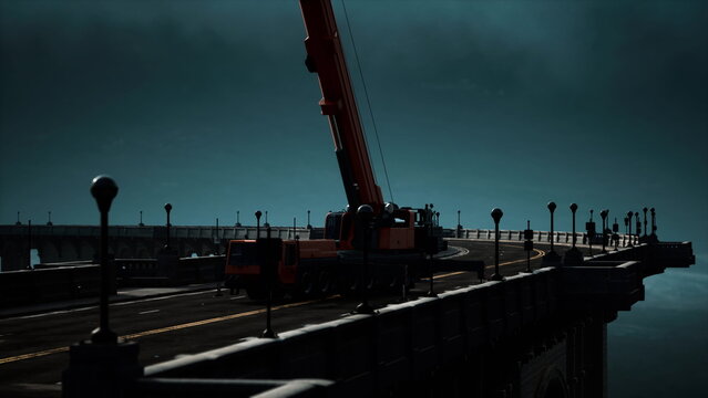 A construction crane looms over a bridge as workers focus on their tasks. The darkening sky adds an atmosphere of anticipation and mystery to the scene.