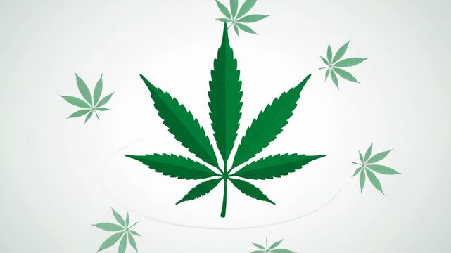 Marijuana leaf icon evolving into a stylized circular logo design. Cannabis symbol graphic growth animation sequence for medical or wellness branding and identity.