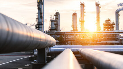 Naklejka na ściany i meble Oil refinery plant pipelines transporting petroleum products with industrial structures under a bright sunset sky