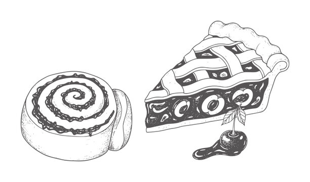 Hand drawn cinnamon roll and slice of cherry pie with cherry garnish pastry swirl