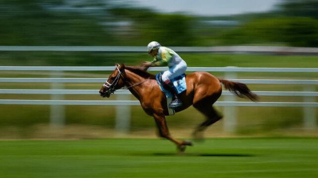 Racehorse and jockey in motion on green field sunlight and blurred background