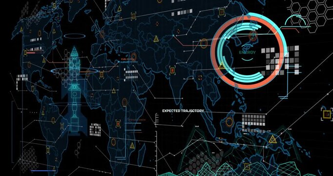 Digital animation of interface with data processing over world map against black background