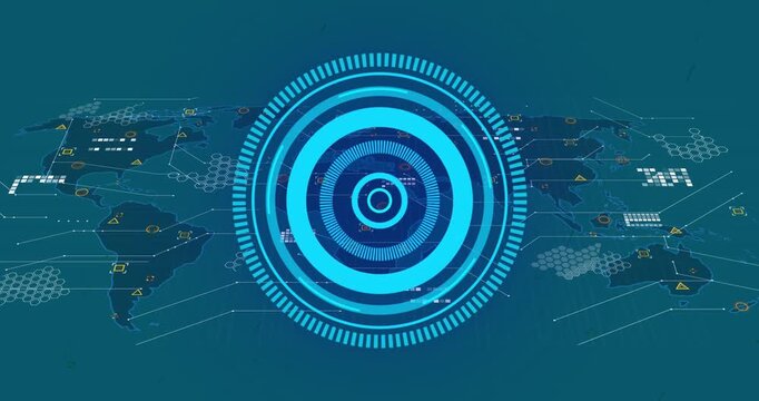 Animation of processing circle over world map and icons on green background
