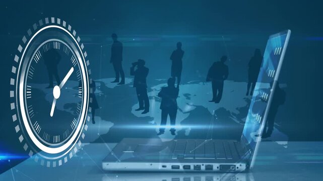 Animation of clock moving fast over businessman with laptop by sleeping