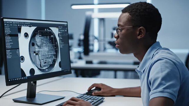 African american man designer working on 3d model of mechanical part. Professional engineer using software for industrial design in modern laboratory office space.