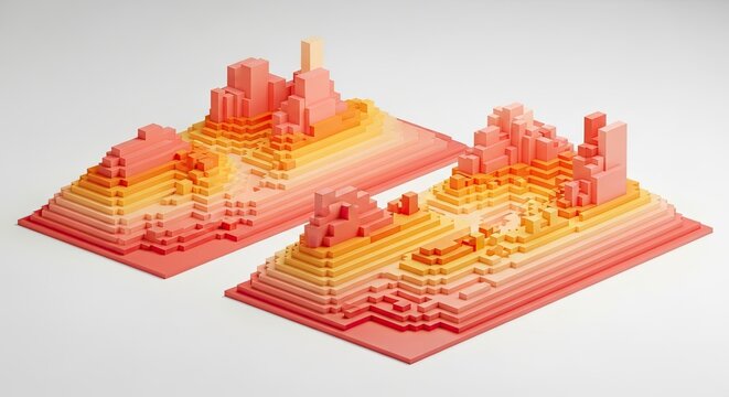 Two voxel art isometric landscapes in pink and orange gradient colors