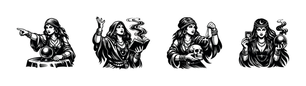 Set of mystic fortune teller illustrations featuring women with crystal ball tarot cards and skull in black and white vector style