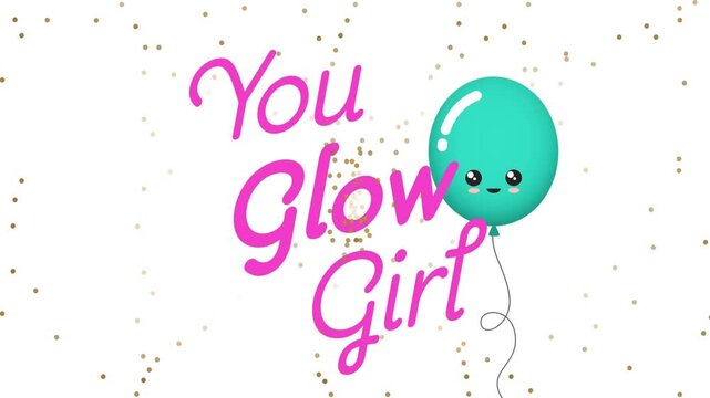 Animation of you glow girl, green balloon and yellow dots on white background