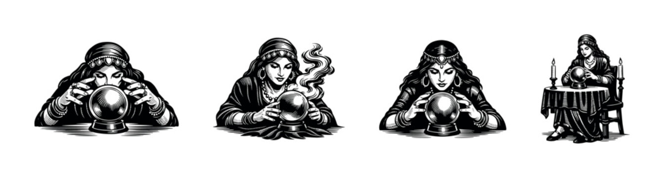 Vintage illustration of fortune teller with crystal ball in black and white vector style
