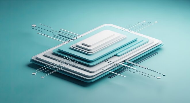 Minimalist digital render of stacked layers with circuit connections