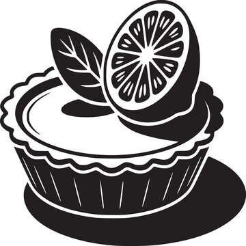 Black and white graphic of a lemon tart with a slice of lemon and a leaf on top of the filling