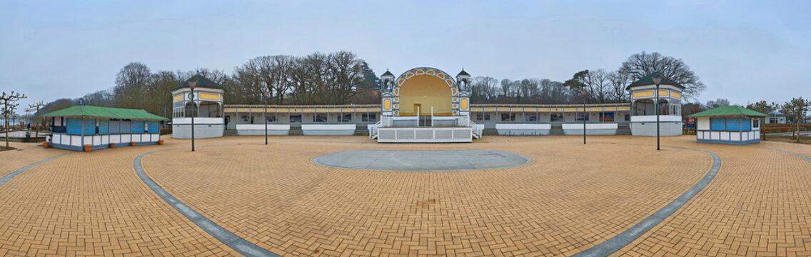 Panoramic view of historic spa Pavilion with spa Shell at beach Promenade of G&ouml;hren, Baltic Coast (Island Rugia, Germany) 