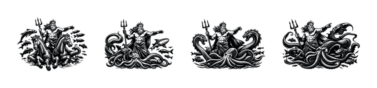 Four black and white mythological poseidon illustrations with tridents and marine creatures in vector style