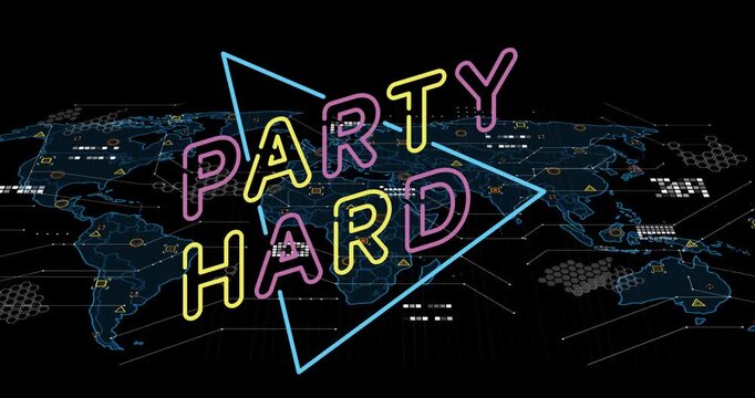 Animation of party hard and triangle over world map with icons on black background