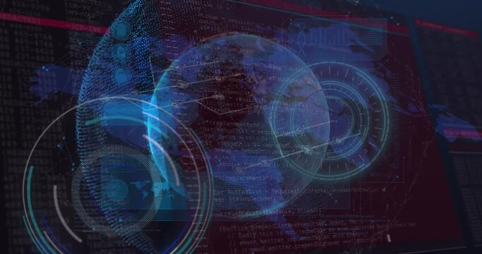 Animation of data processing with scope scanning over world map and globe