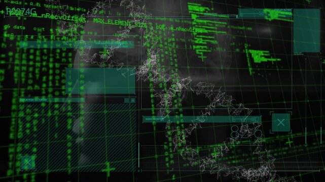 Animation of diverse data processing and dna on black background