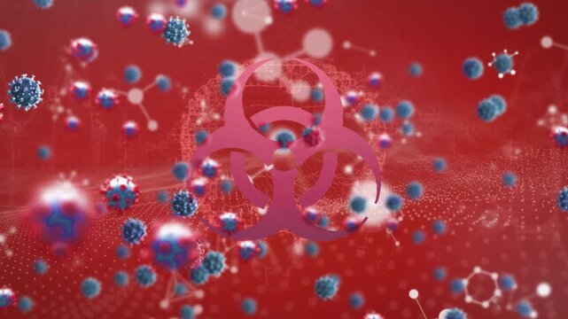 Animation of virus cells over biohazard symbol and molecules on red background
