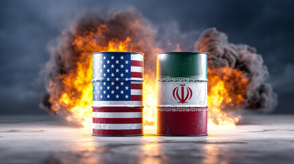 USA and Iran oil barrels burning, symbolizing global energy crisis and geopolitical conflict