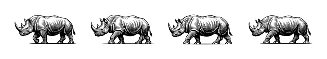 Fototapeta premium Black and white vector illustration of a rhinoceros silhouette in botanical design