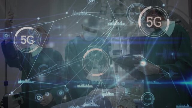 Animation of network of connections and 5g over team of diverse doctors and patient