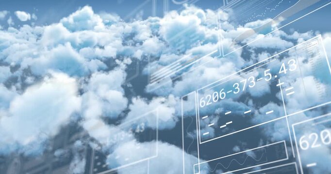 Animation of charts and data processing on interface over cloudy blue sky