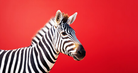 Fototapeta premium Zebra showing its distinctive black and white stripes against a vibrant red studio background, creating a bold visual contrast