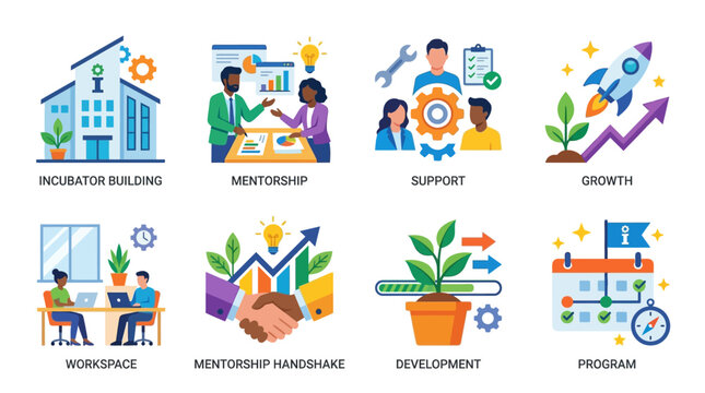 Vector illustration of a business incubator building with people working and growing in a supportive program environment with mentorship and development.
