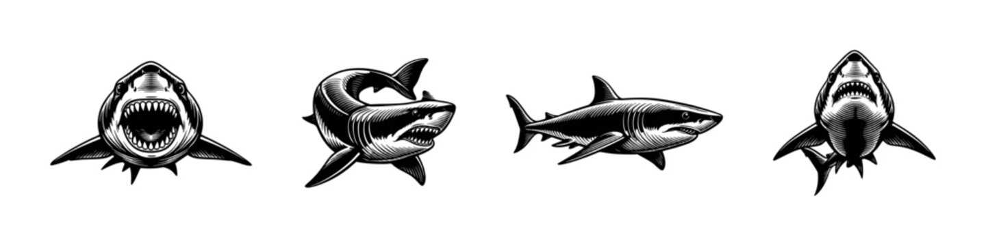 Shark illustrations black and white vector set oceanic animal silhouette art
