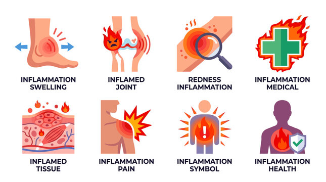 Vector illustrations of inflammation symptoms include swelling, inflamed joints, redness, and medical symbols on human body parts.