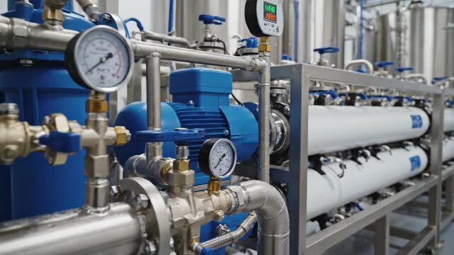 Industrial water purification system with metal pipes and gauges. Modern filtration machine for liquid processing in factory. Production equipment technology concept.