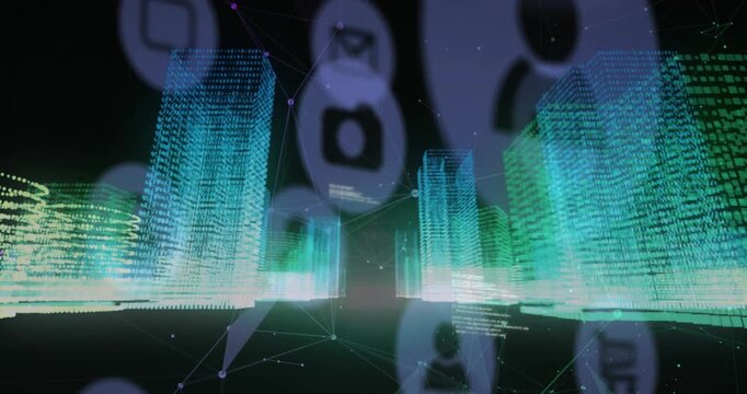 Animation of digital icons, data processing and network of connections against 3d city model