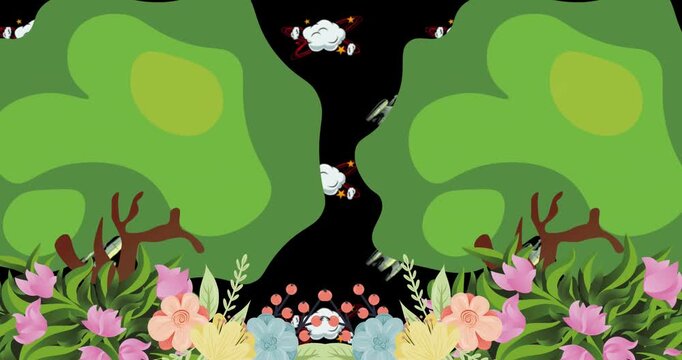 Animation of trees and flowers over space ships and explosions on black background
