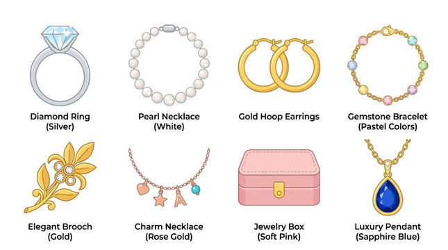 A vector illustration of various jewelry items including a diamond ring, pearl necklace, gold hoop earrings, and more on a decorative background.