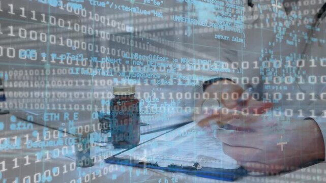 Animation of data processing over caucasian female doctor